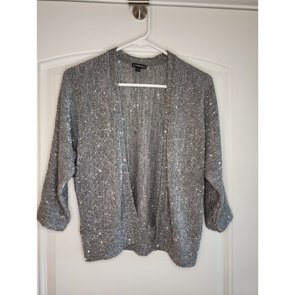 Express Womens Open Cardigan Gray Sparkly Sequin Silver Small - Picture 1 of 6